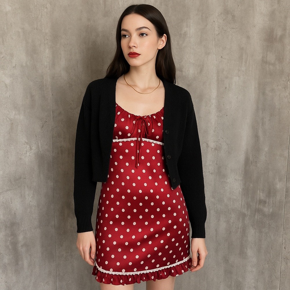 ABS by Allen Schwartz Red Satin Polka Dot Slip Dress‎ Size 8 Lace Trim Retro Y2K
